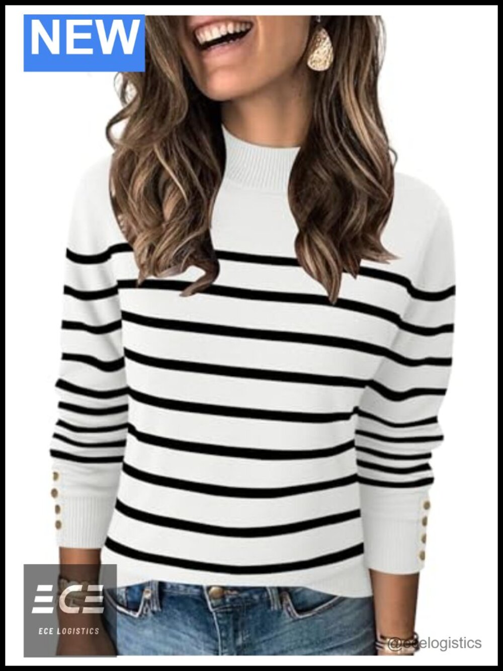Mock Neck Long Sleeve Knit Pullover Sweater Button Cuffs Fall Winter